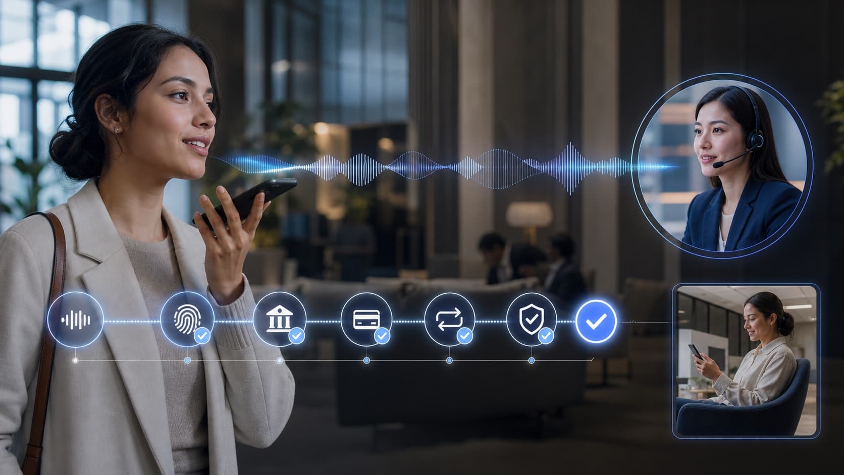 Multilingual banking voice conversation progressing through a secure governed service workflow