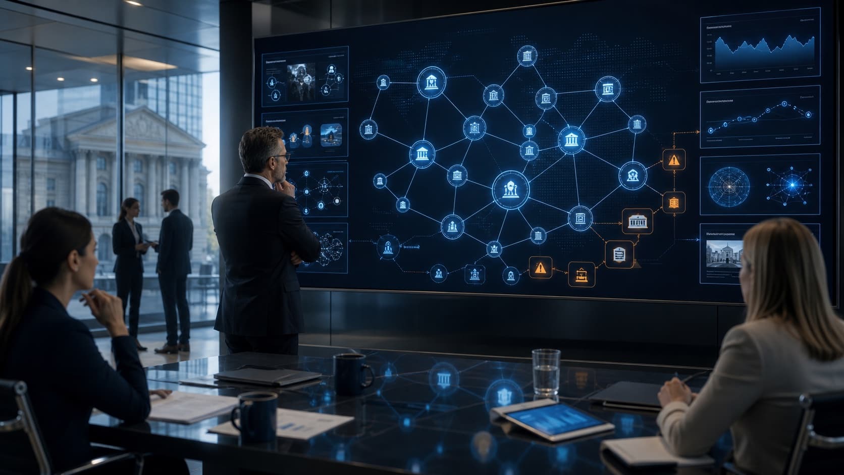Bank risk team monitoring an interconnected network of financial technology vendors and evidence