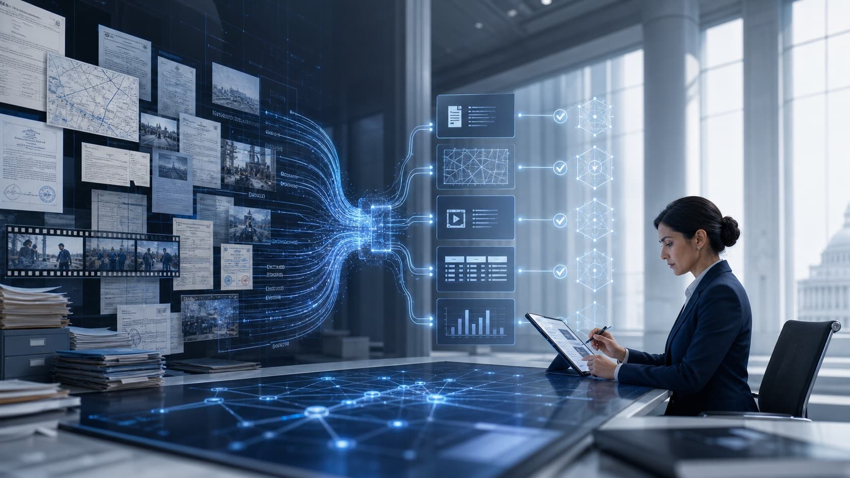 Government analyst organizing public records and media into traceable structured intelligence