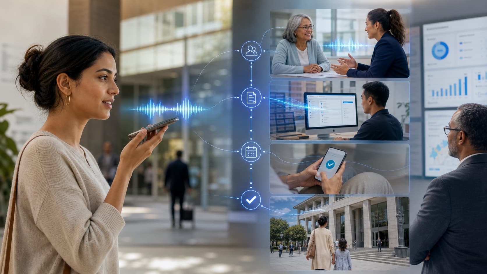 Resident accessing a multilingual public service by voice with accountable workflow completion