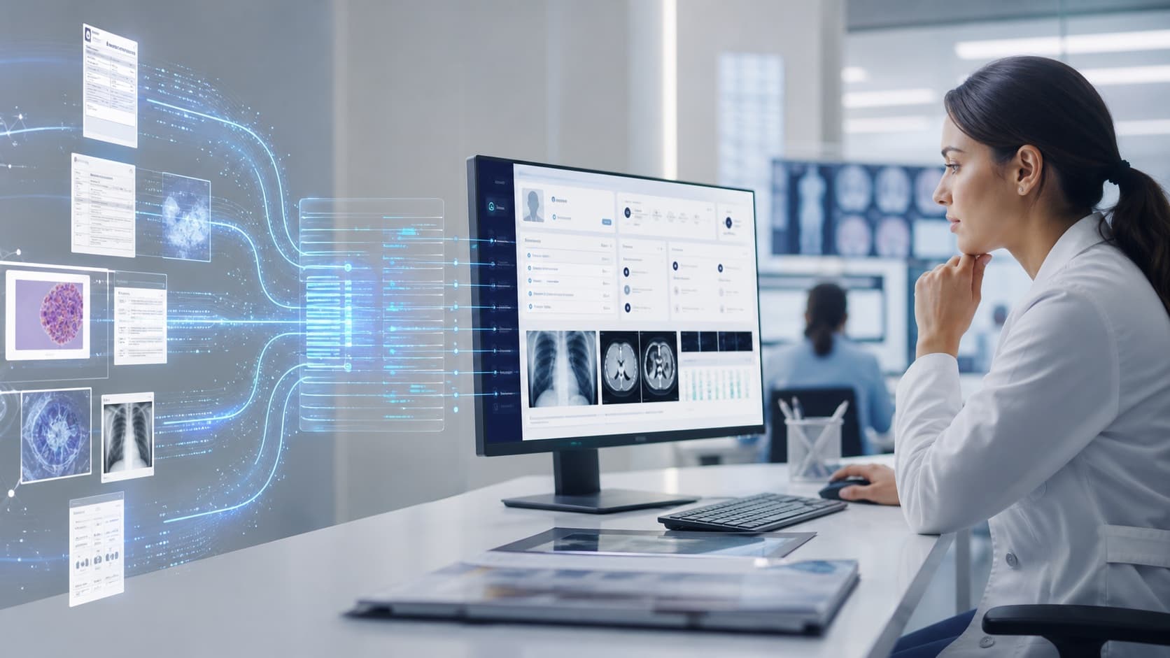 Healthcare professional reviewing clinical documents and medical imagery through a governed intelligence workflow