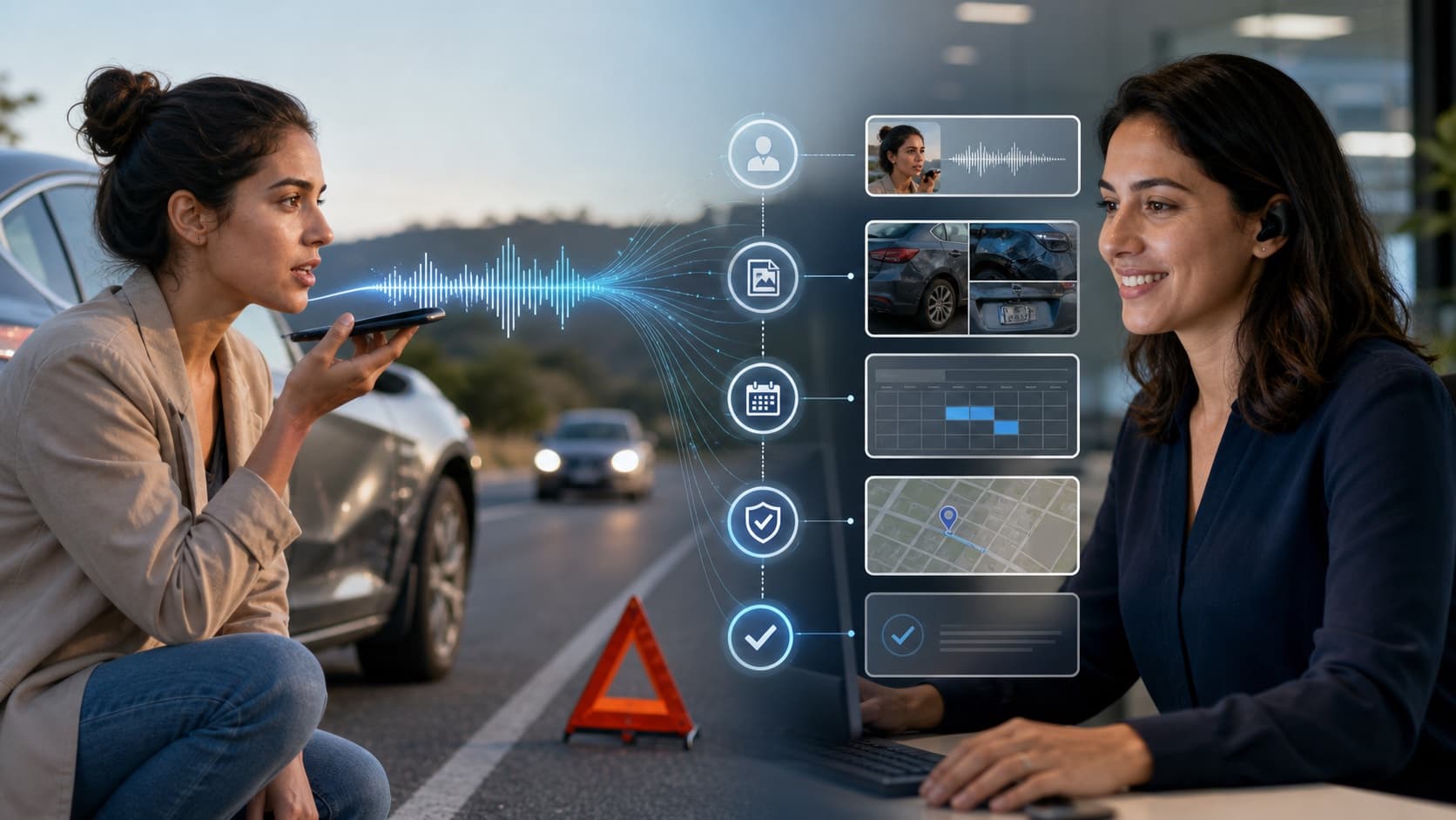 Driver reporting an insurance incident by voice as the claims workflow captures and routes next steps