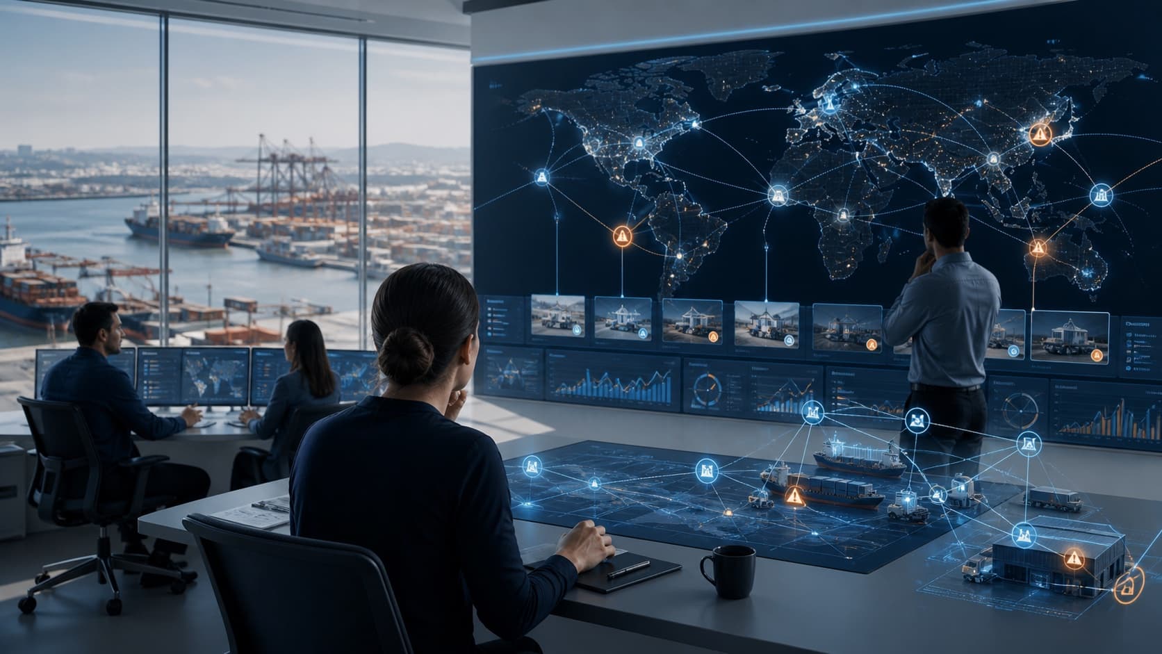 Logistics risk team monitoring carriers, ports, warehouses, and supplier disruptions