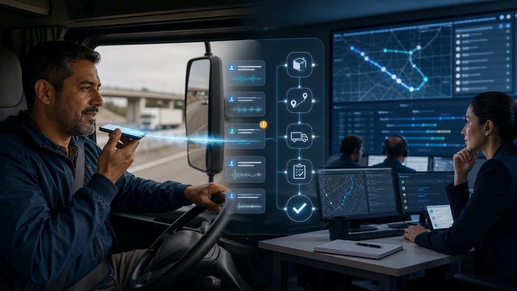 Driver and dispatch team resolving a delivery exception through multilingual voice automation
