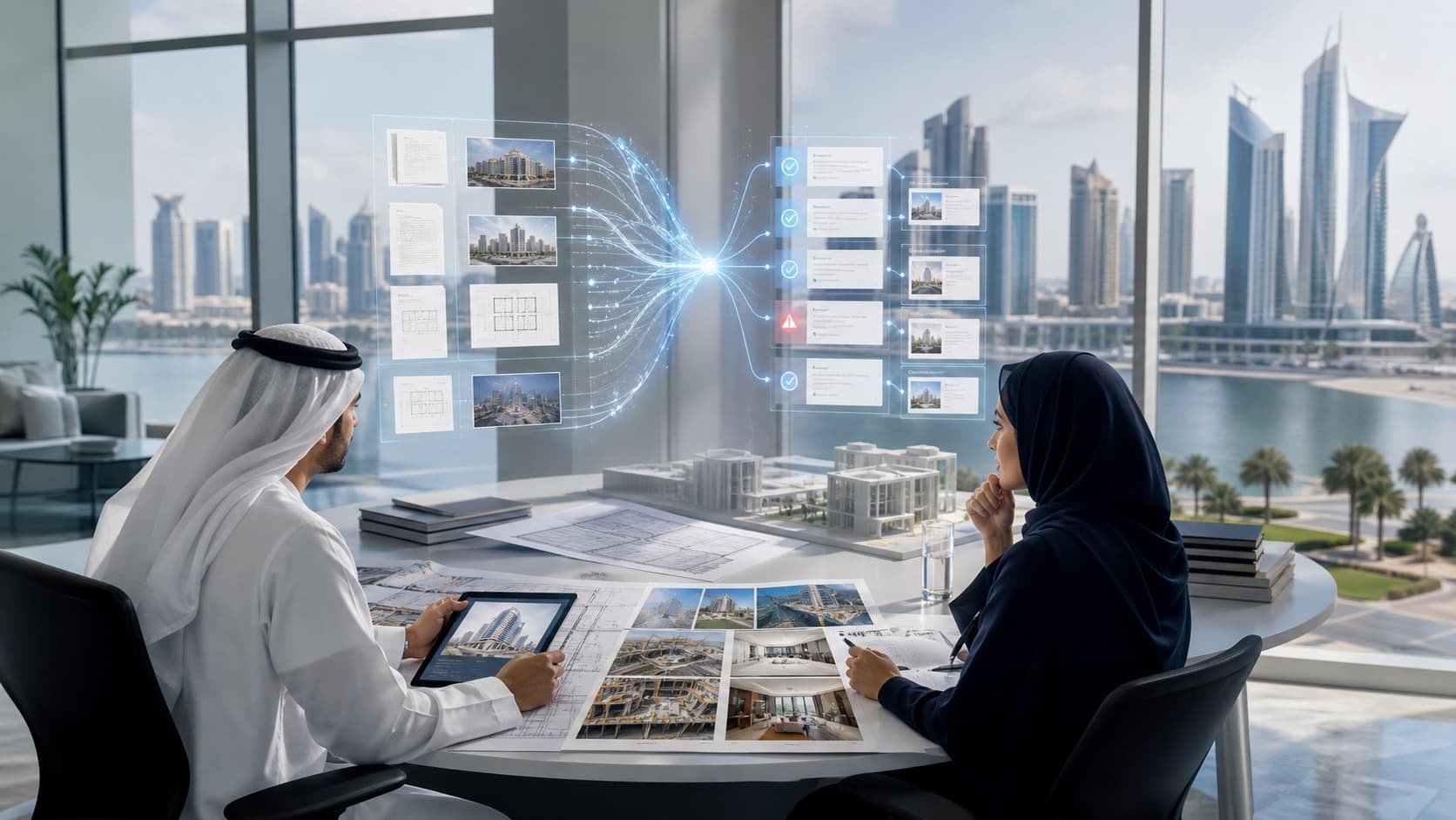 Real estate team connecting plans, property images, and contracts for visual due diligence