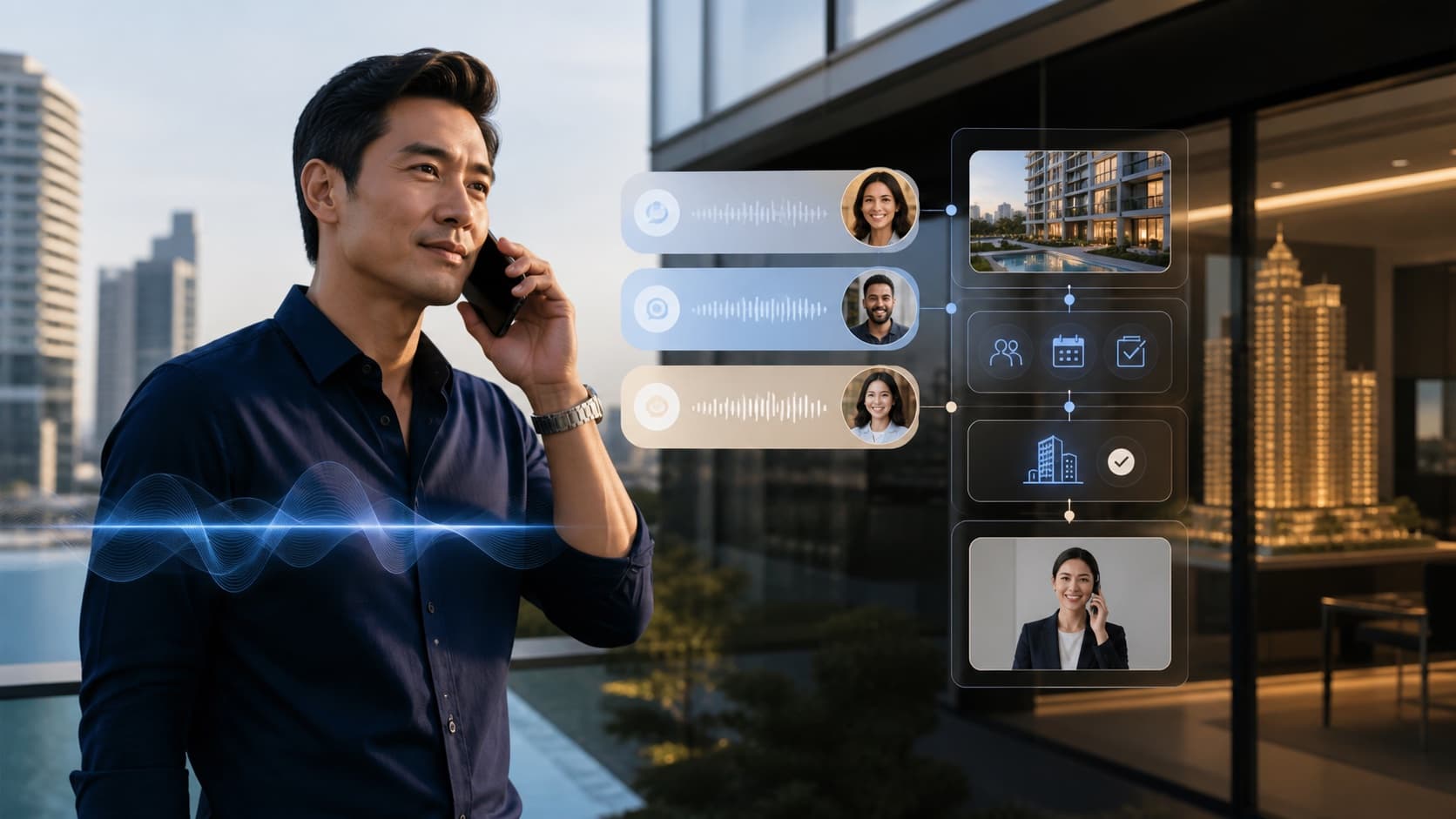 International property buyer using multilingual voice assistance to arrange a viewing