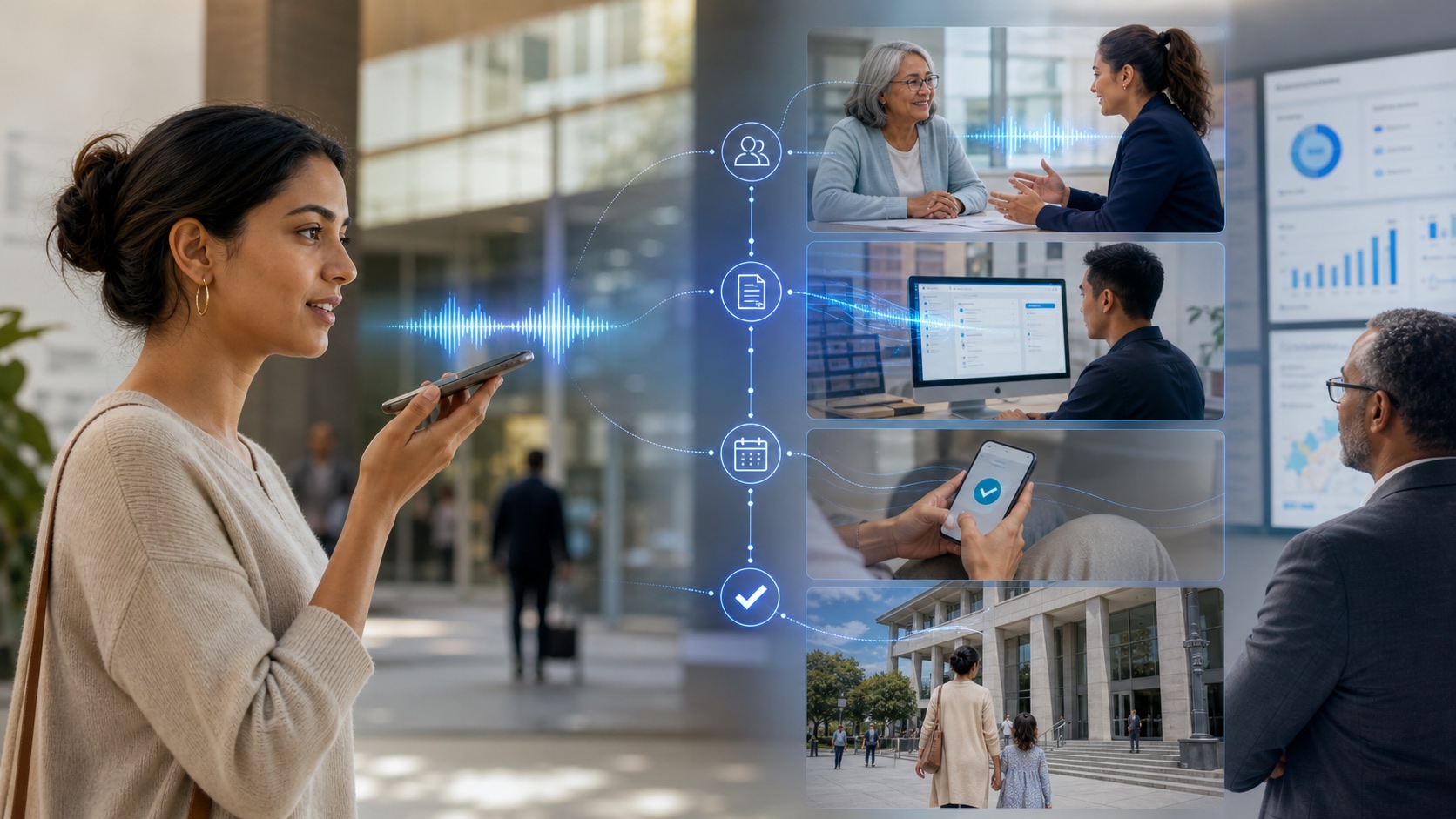 Resident accessing a multilingual public service by voice with accountable workflow completion