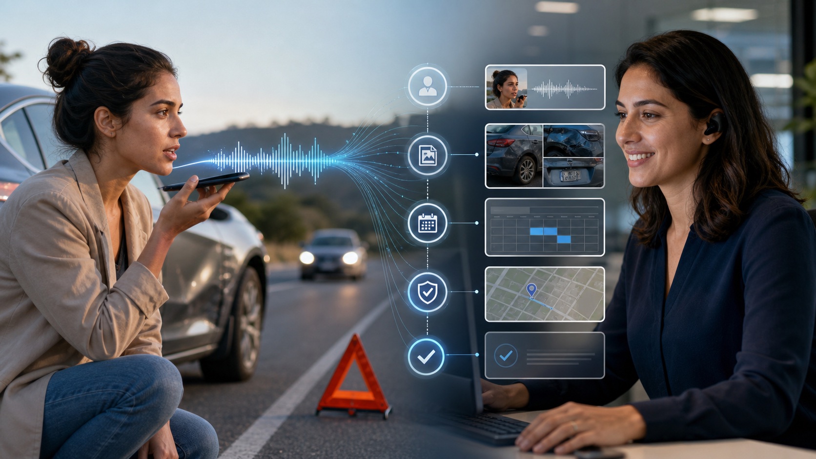 Driver reporting an insurance incident by voice as the claims workflow captures and routes next steps