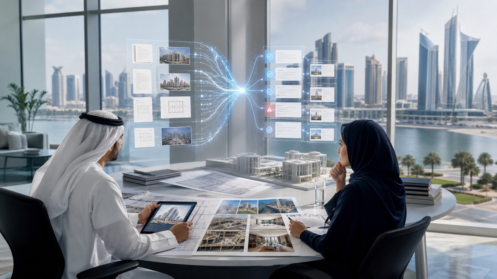 Real estate team connecting plans, property images, and contracts for visual due diligence